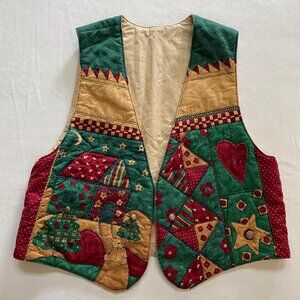 Grandmas Handmade Christmas Vest Quilted Patchwork Print Ladies Holiday Clothing